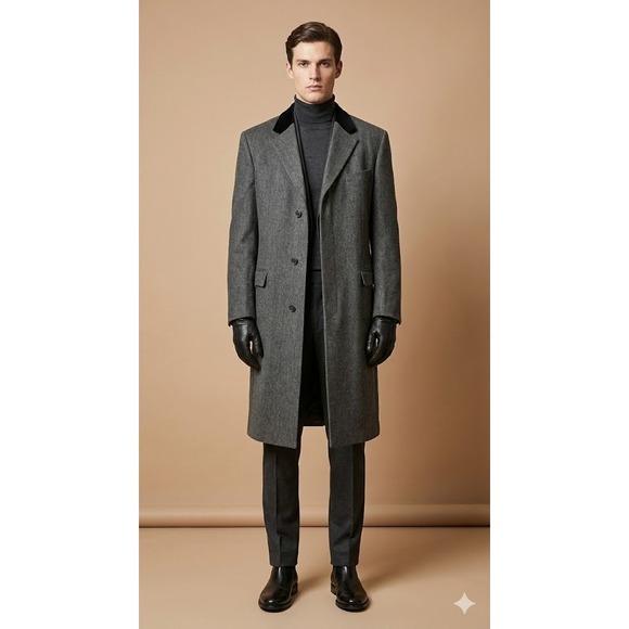 Jos A Bank Wool Coat 50R Gray Herringbone Long Overcoat Velvet Old Money $700